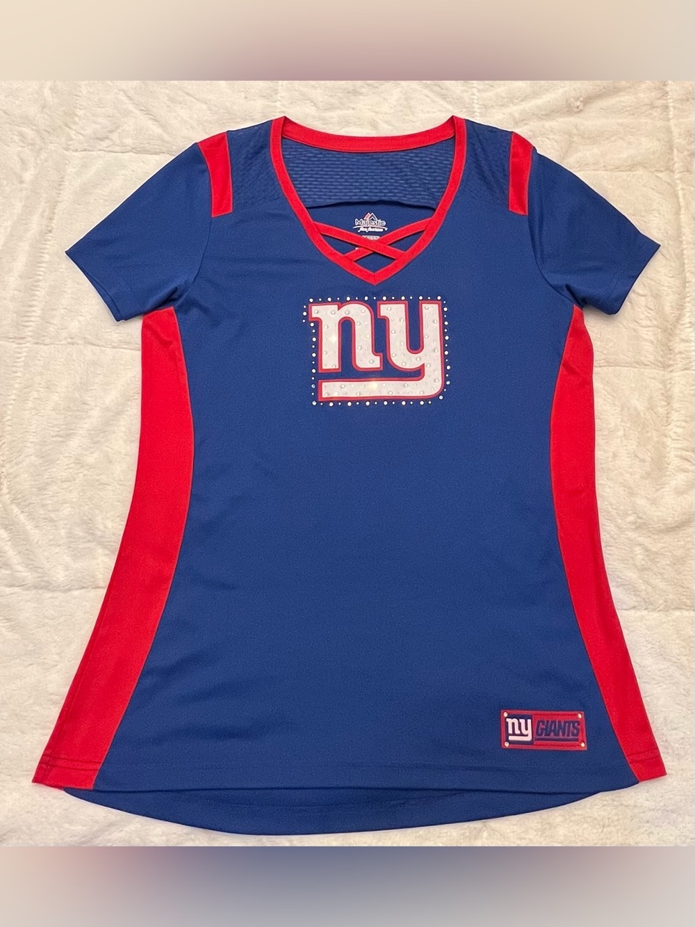 Women’s Majestic New York Giants Rhinestone Short Sleeve Jersey Top Blue & Red